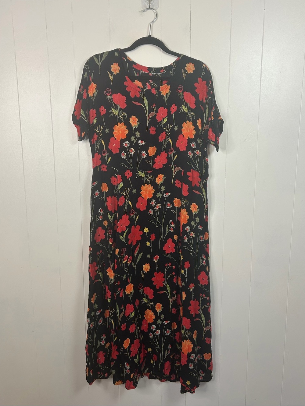Vintage 90s Black Floral Midi Dress Womens Large Whimsigoth Grunge Cottagecore - Picture 3 of 11